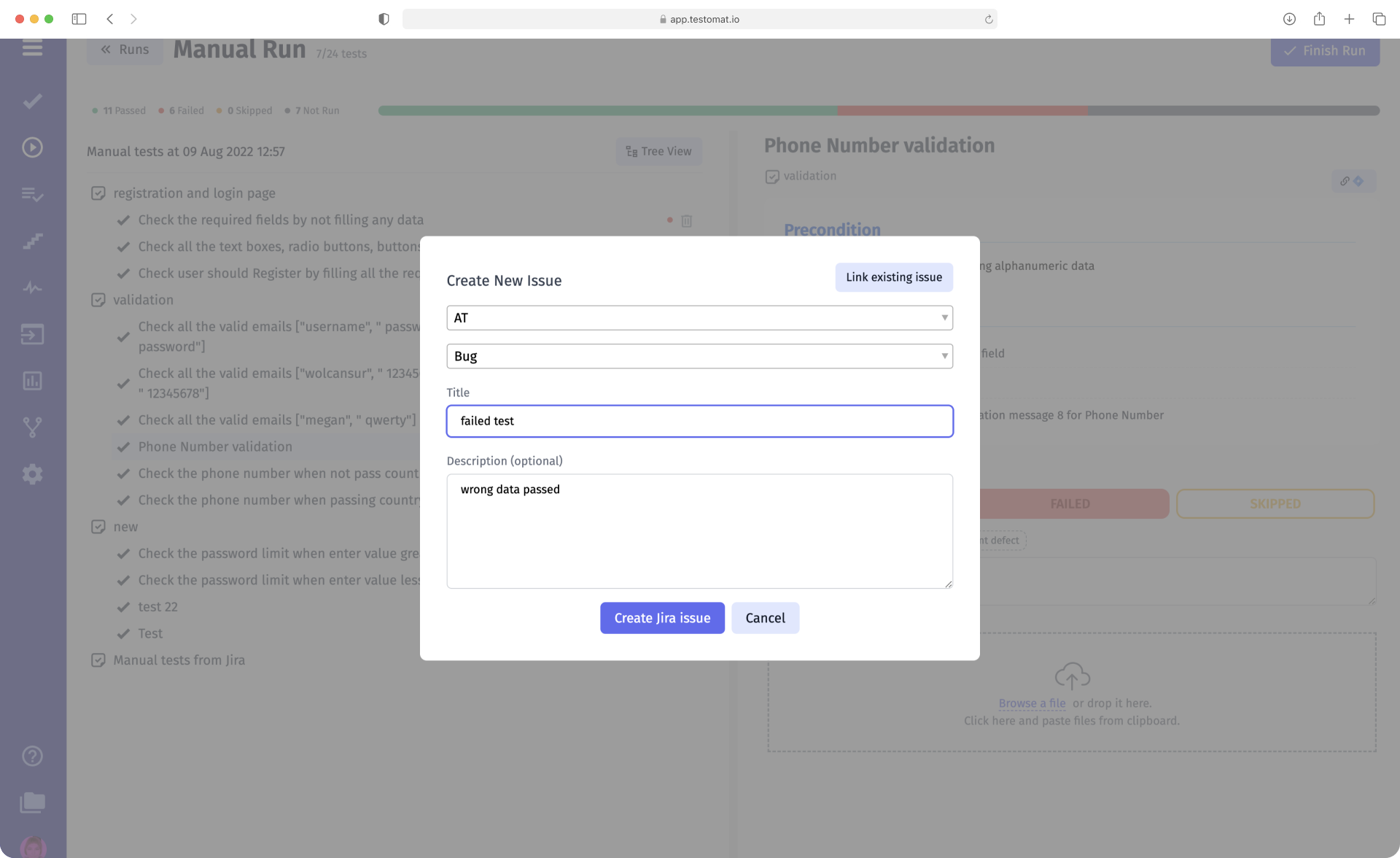 Create Jira issue per one click in test management - testomat.io