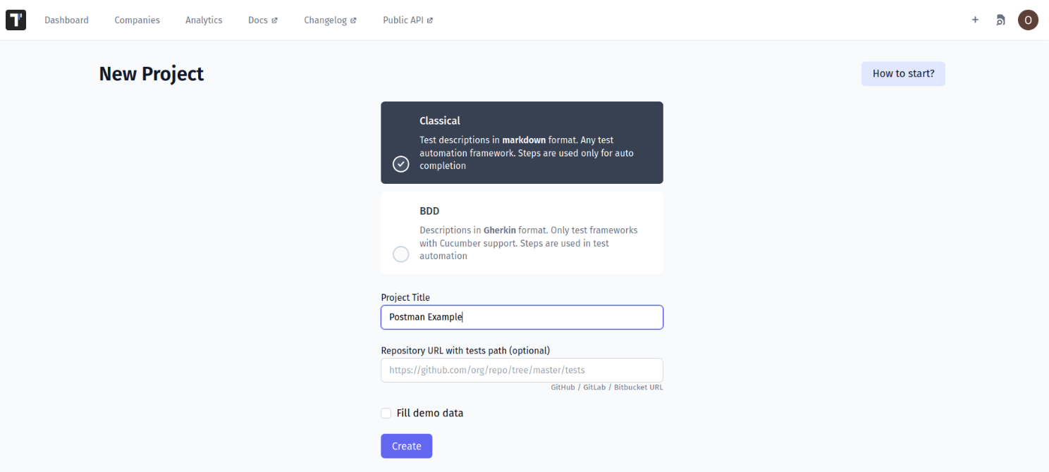 Postman report by creating a new Postman project in test management system 