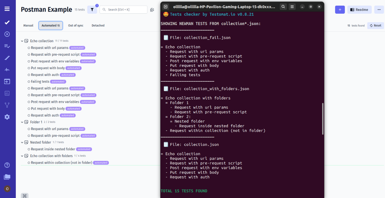 Console visualization of result importing Postman collection to test management tool