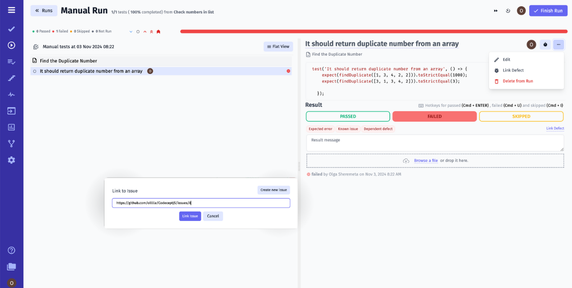 Screenshot showing the process of creating and linking defects on the fly within a test management system.