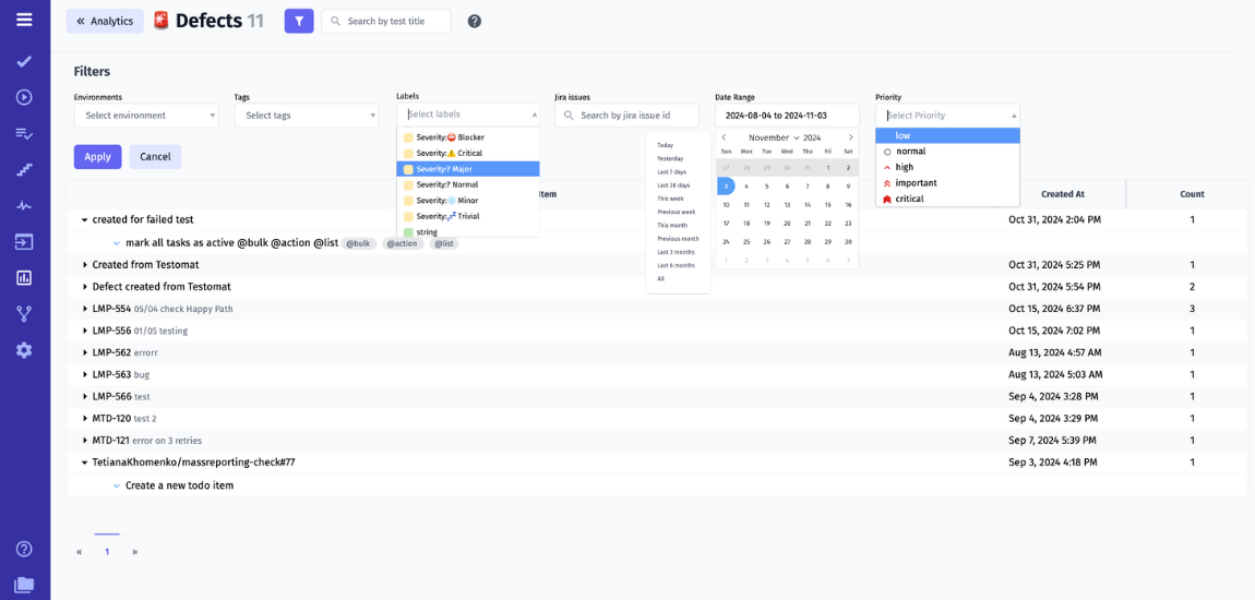 Dashboard displaying defect analytics, with charts and metrics summarizing defect status, severity, and trends over time.