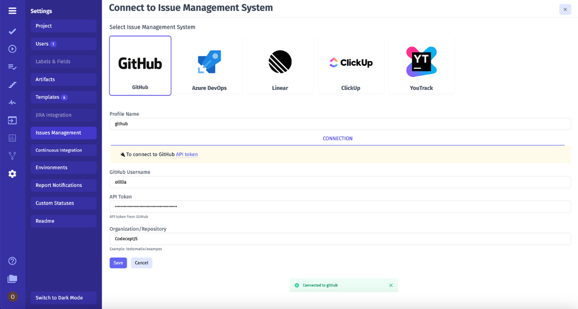 GitHub issue integration with test management, showing how test cases and defects are linked within GitHub issues.