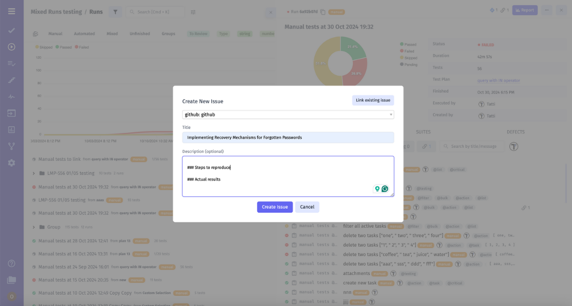 Screenshot demonstrating how to link GitHub issues on the fly, showing the process of associating issues with test cases or tasks.