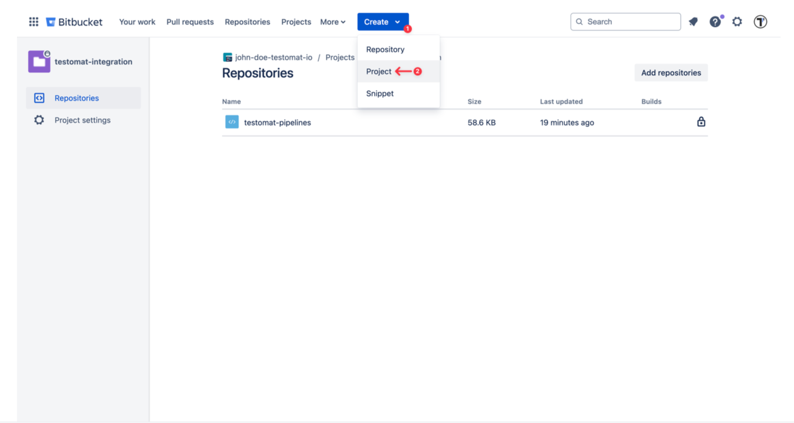 Step-by-step guide to creating a new test project within a Bitbucket repository, showing the setup process for project organization and test management.