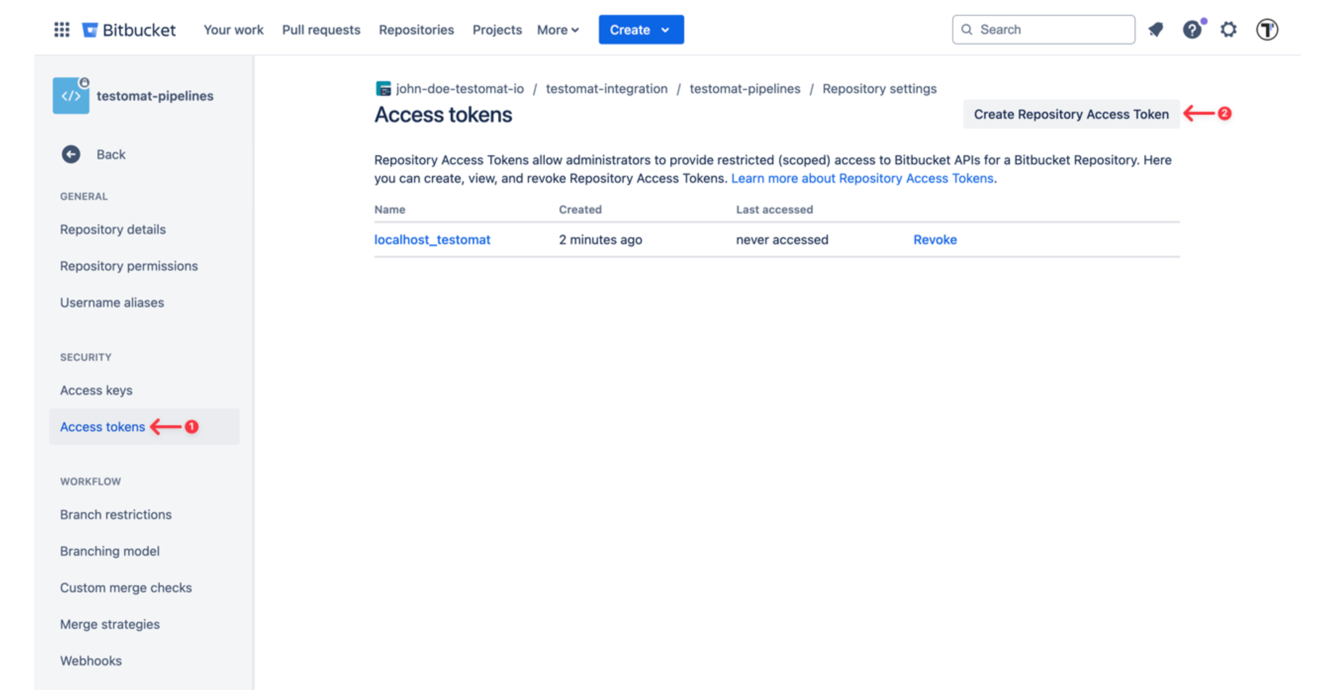 Screenshot guiding users on locating the menu to generate a Bitbucket token, highlighting the steps in the Bitbucket settings for secure API access.