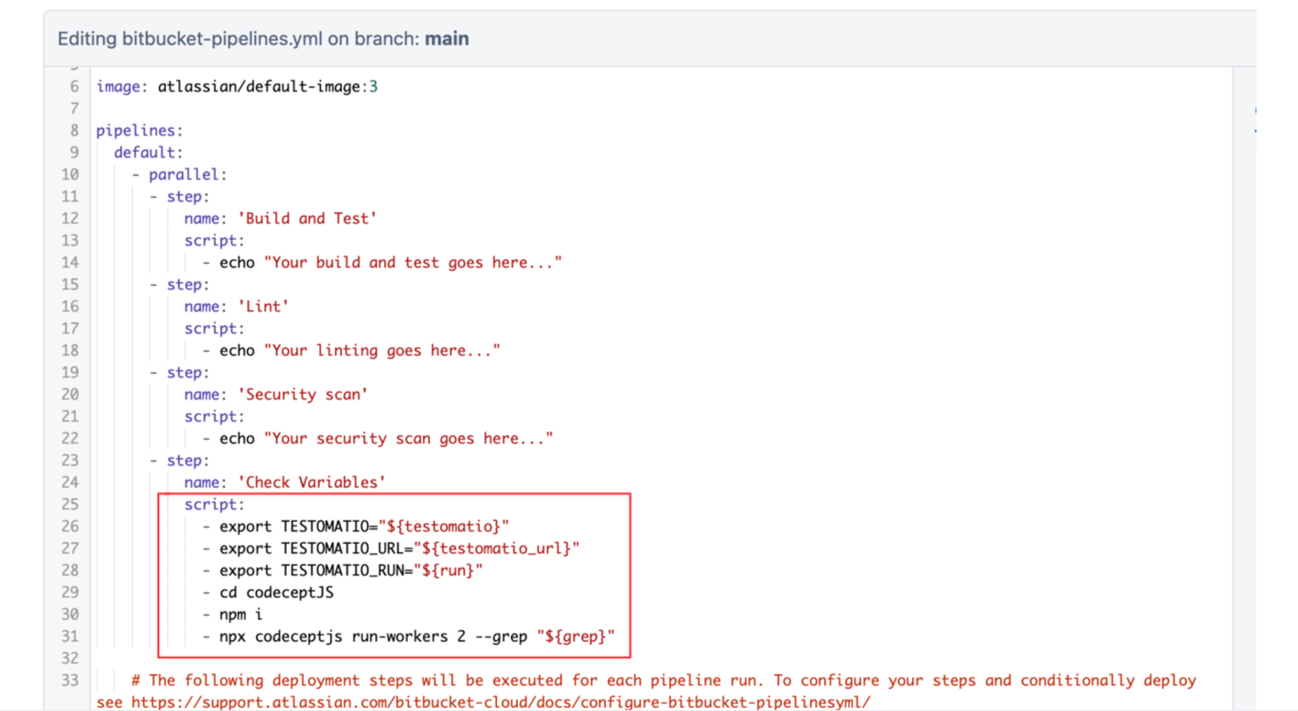 Example of configuring a Bitbucket .yml file with parameters, detailing setup for pipeline automation.