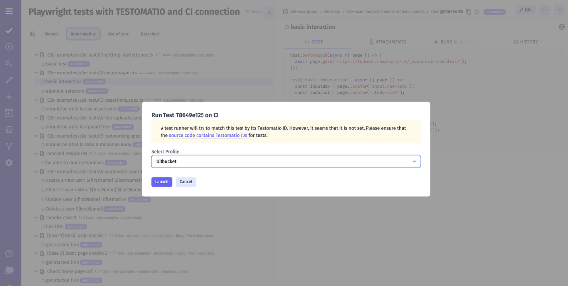 Screenshot showing pop-up window of the execution of automated tests from a Test Case Management System (TCMS) integrated with Bitbucket.