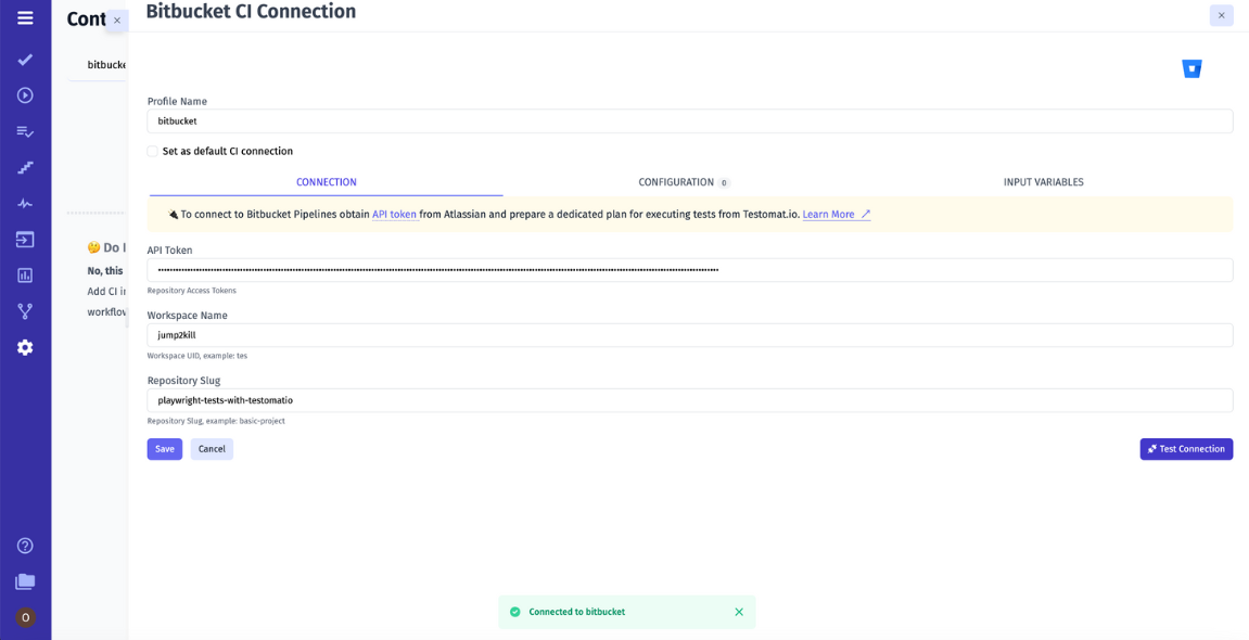 Success notification indicating a successful connection test to Bitbucket, confirming proper integration.