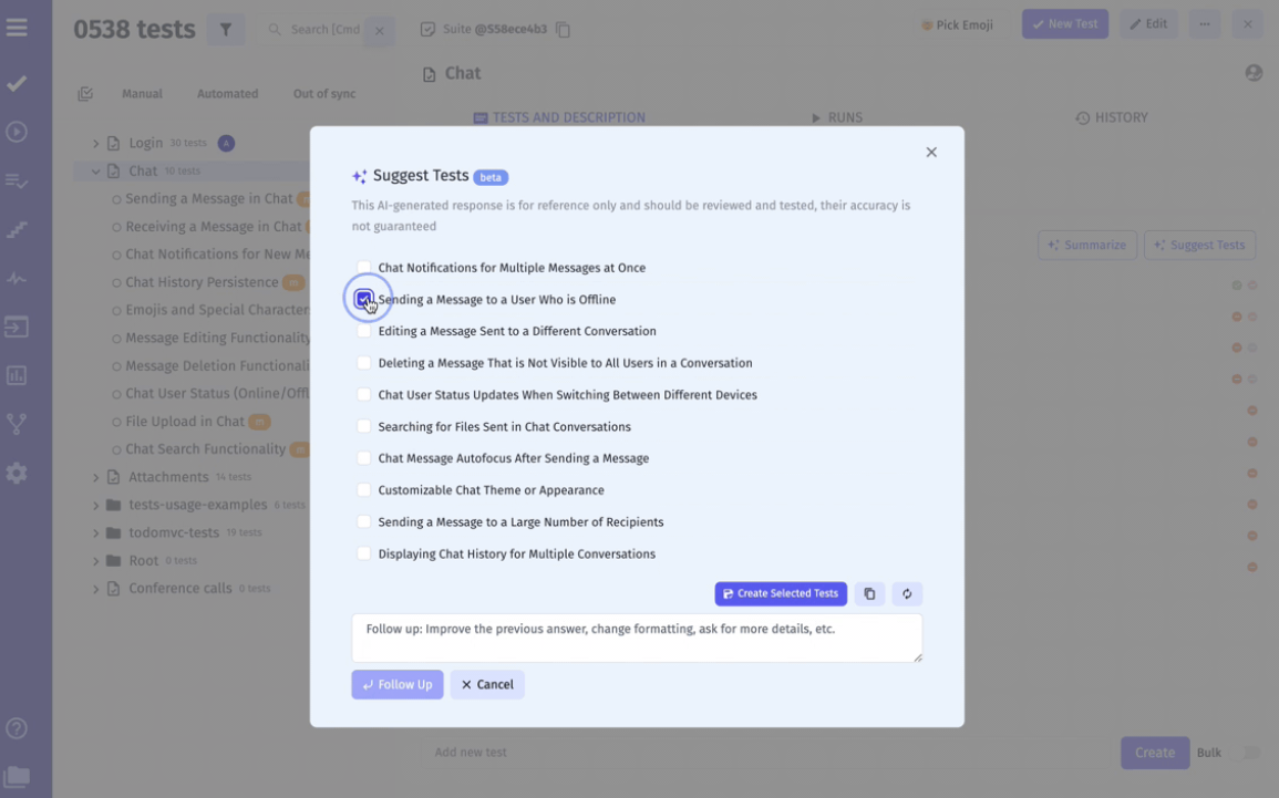 Testomatio AI feature of test management