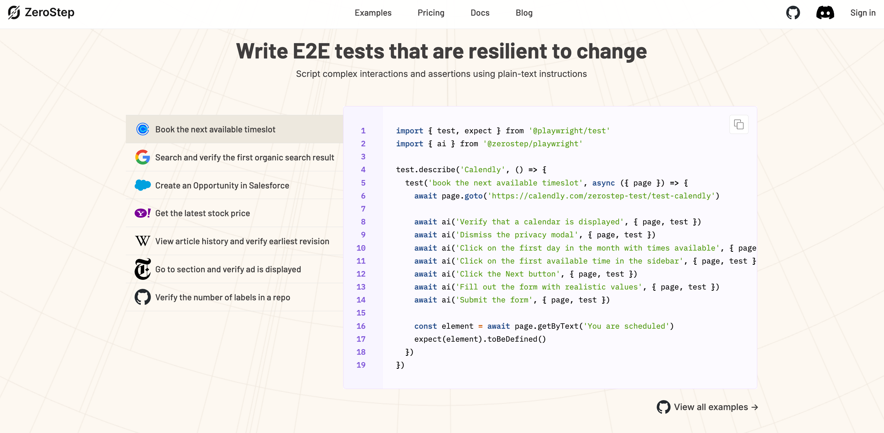 ZeroStep interface of AI testing tool