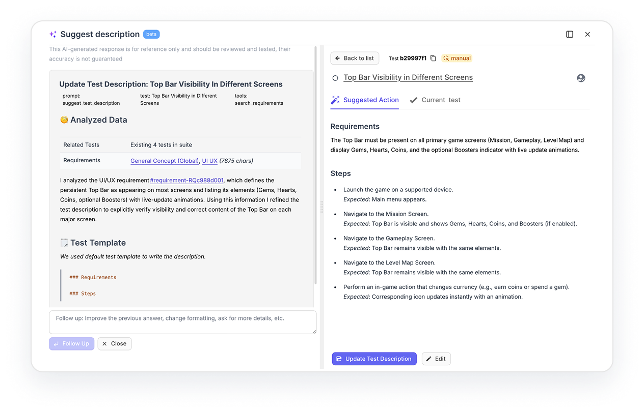 AI test improvements & test suggestions
