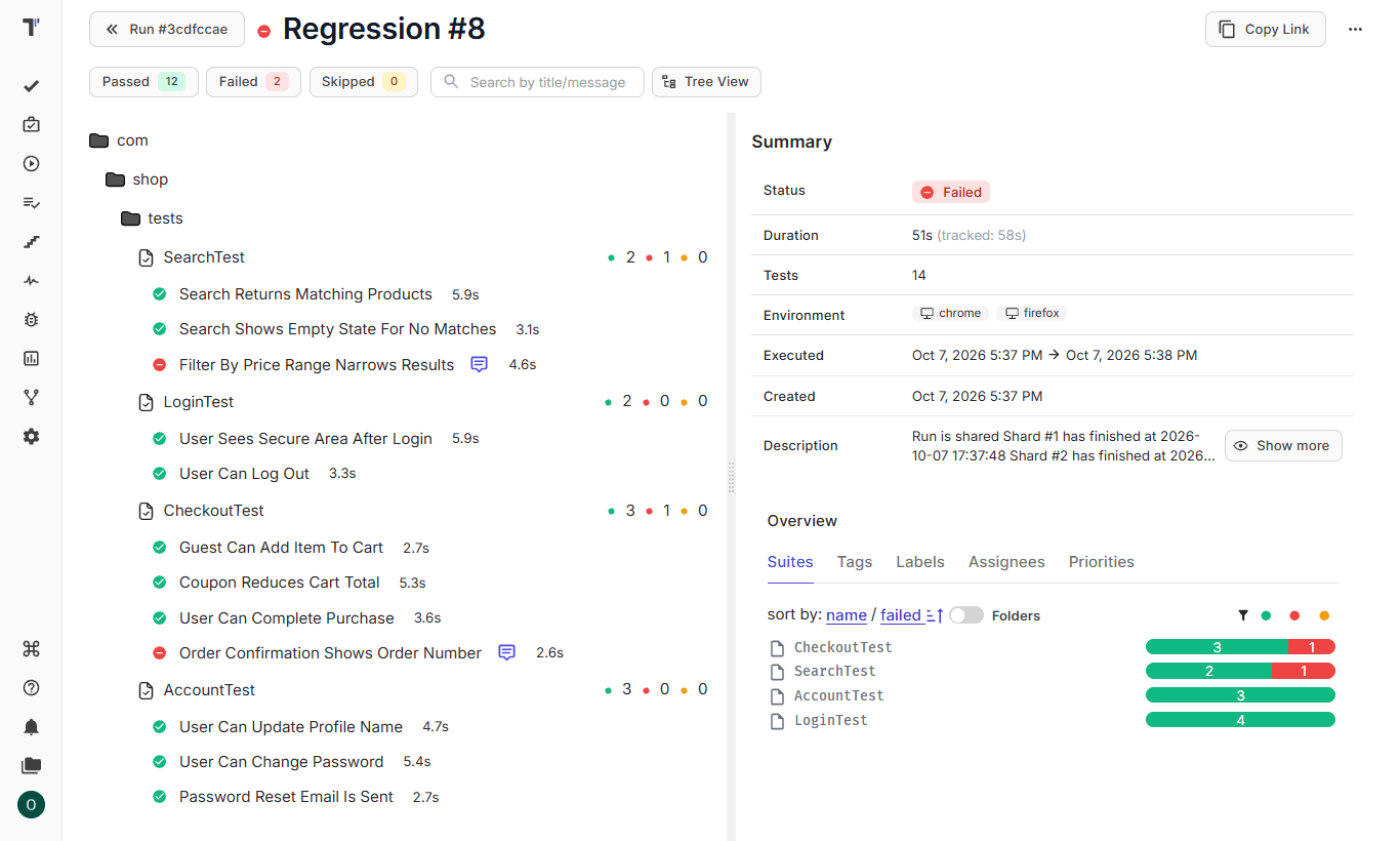 Selenium run report in Testomat.io