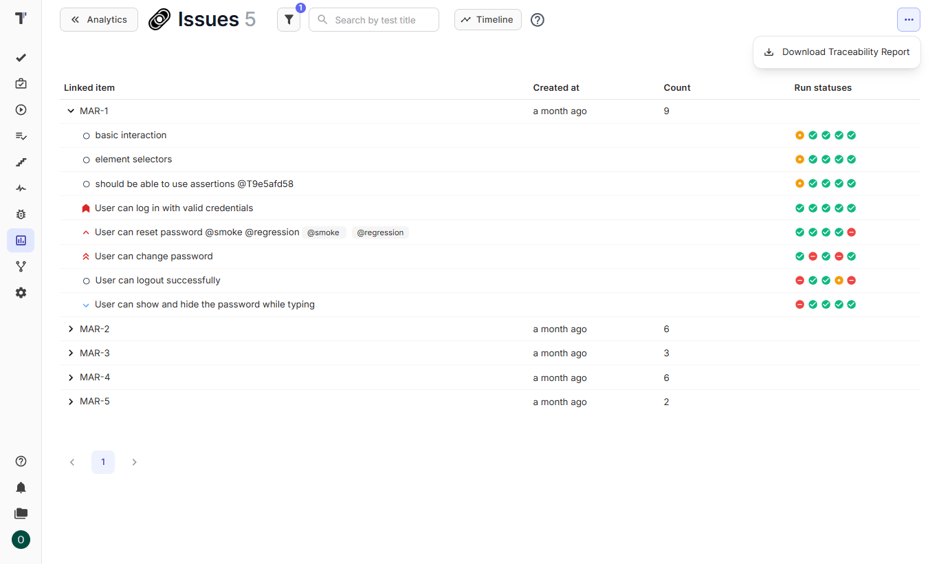 Issues page in Testomat.io with the Download Traceability Report menu