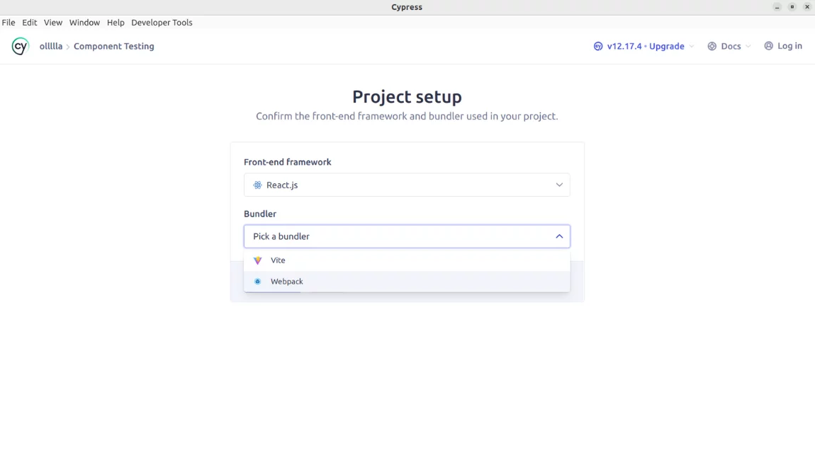 Drop dawn to choose a Vite in Cy component testing 