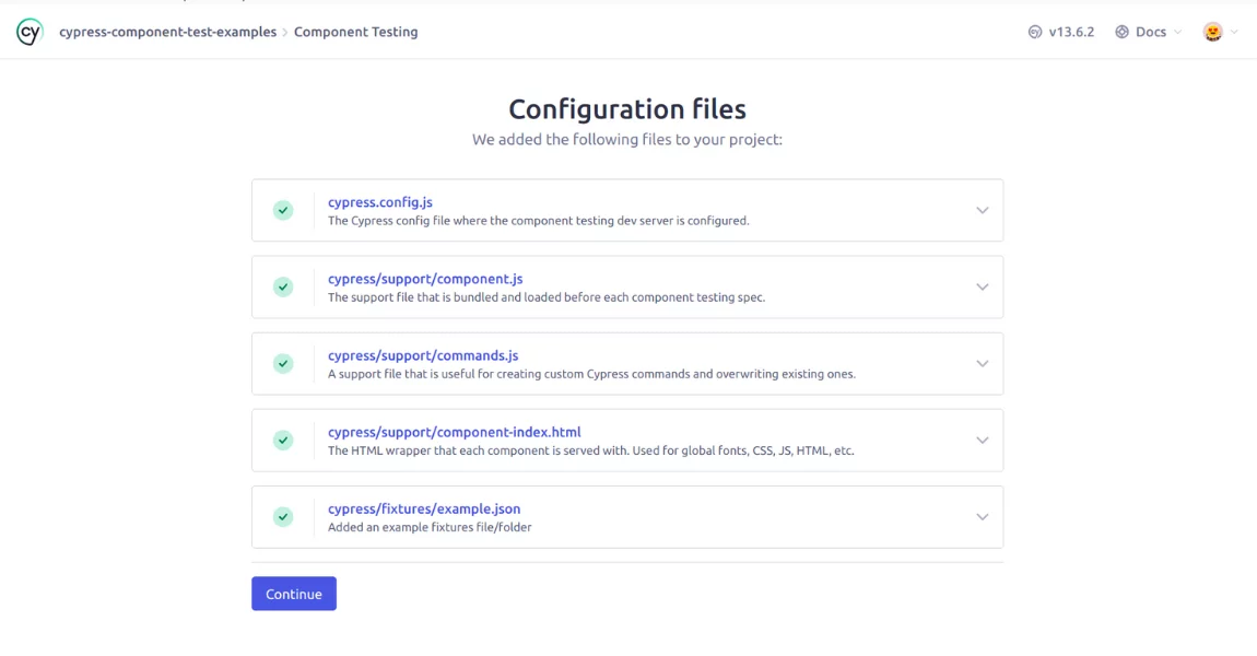  Report showcasing the configuration details of Cypress Component Testing
