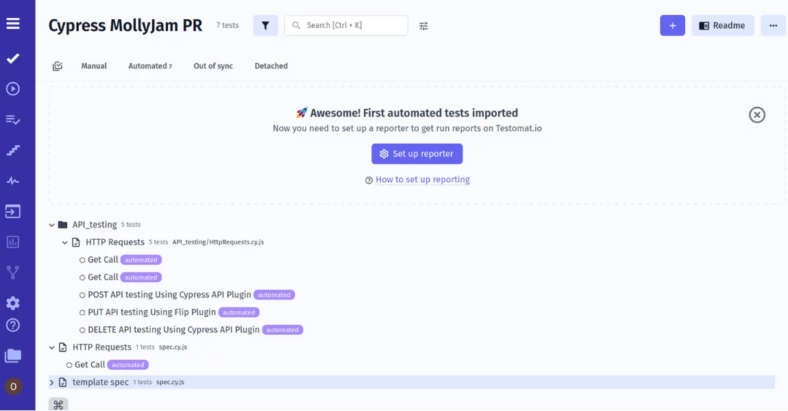 Cypress test cases imported into Testomat.io test management