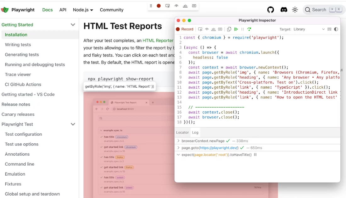 Playwright Inspector in code generation mode