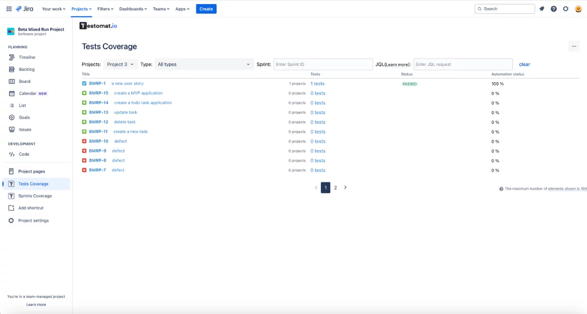 Jira test management plugin user stories