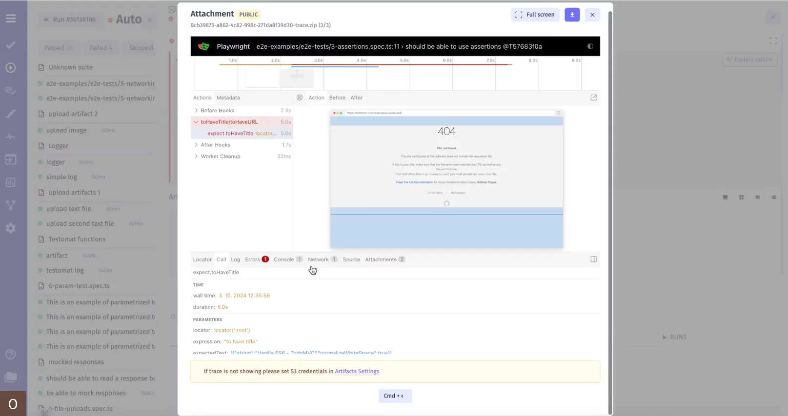 Playwright Trace viewer in test management software screen