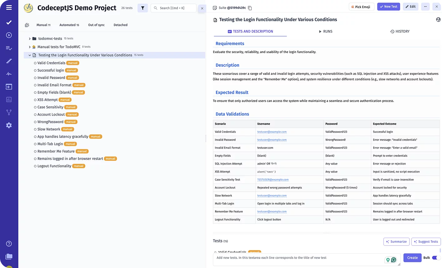Exploratory Testing Test Case view implemented in test management system