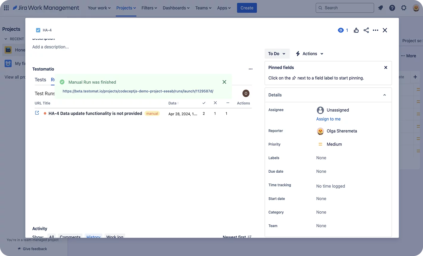 Jira test report link screen