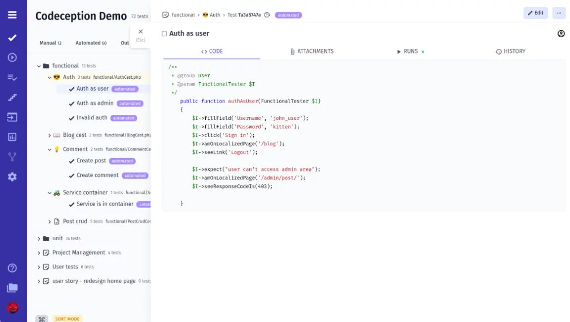 Codeception Test Management