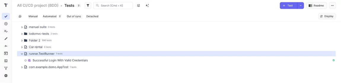test management for BDD testing screen