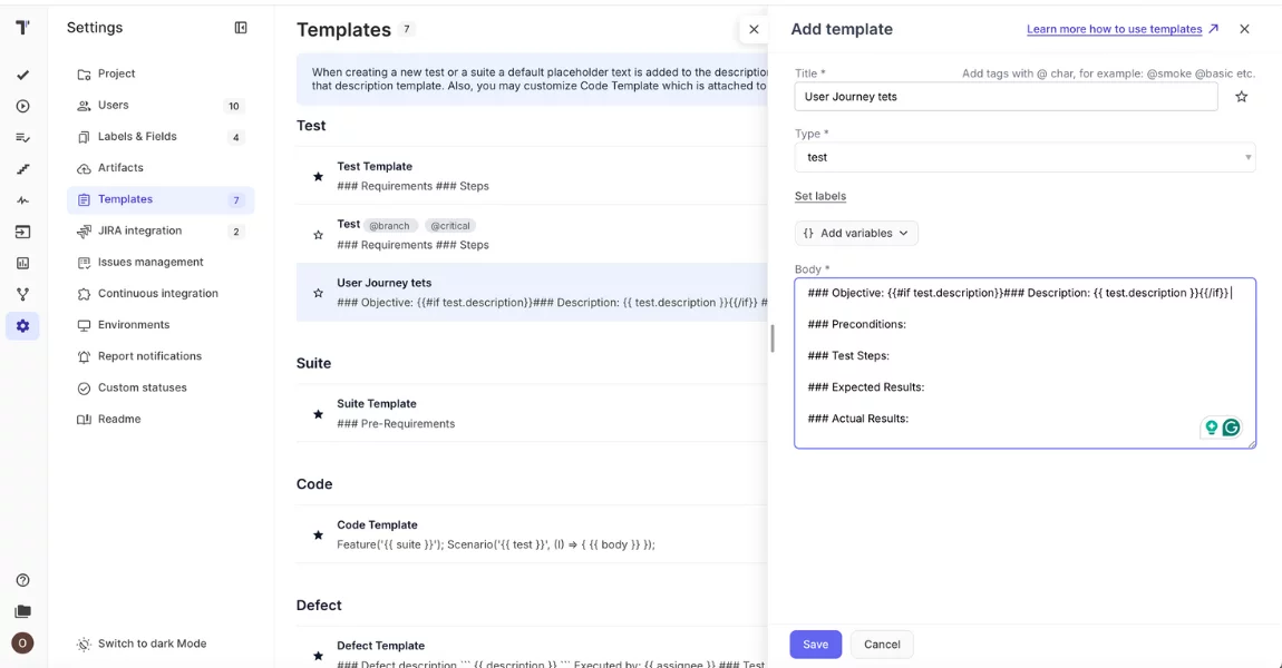 Templates available at Testomat.io for QA