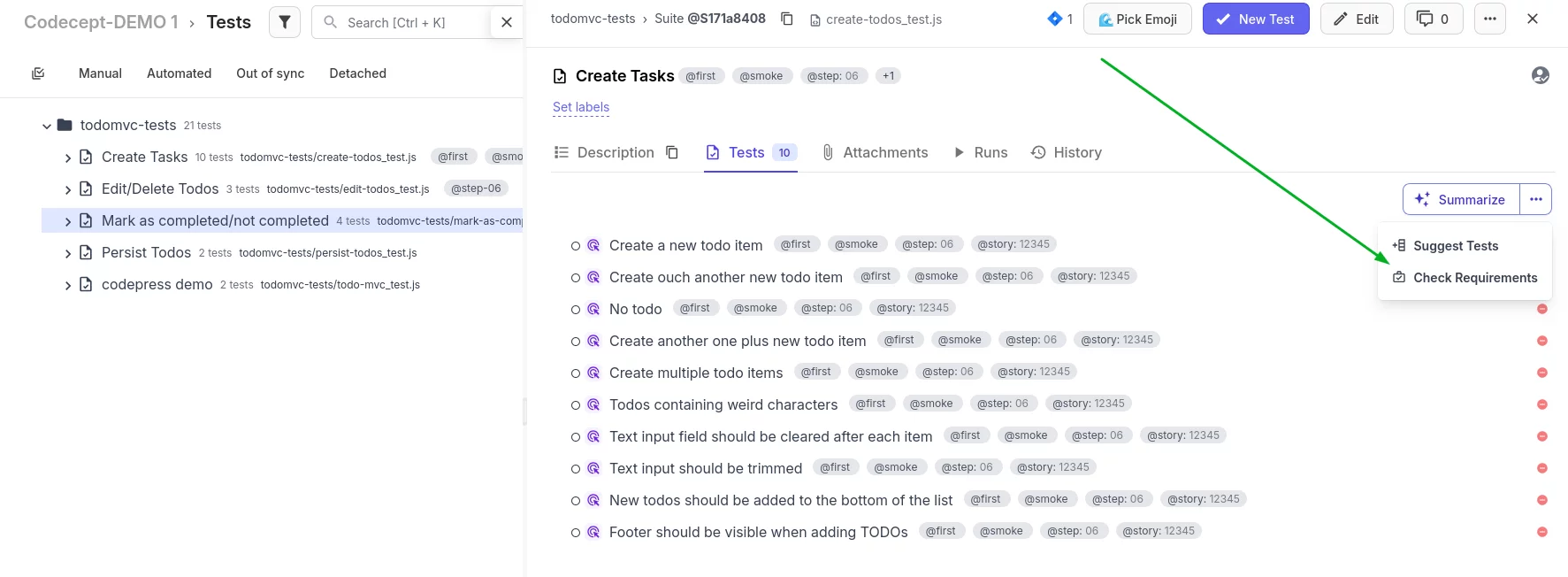 Screen with Testomat.io example