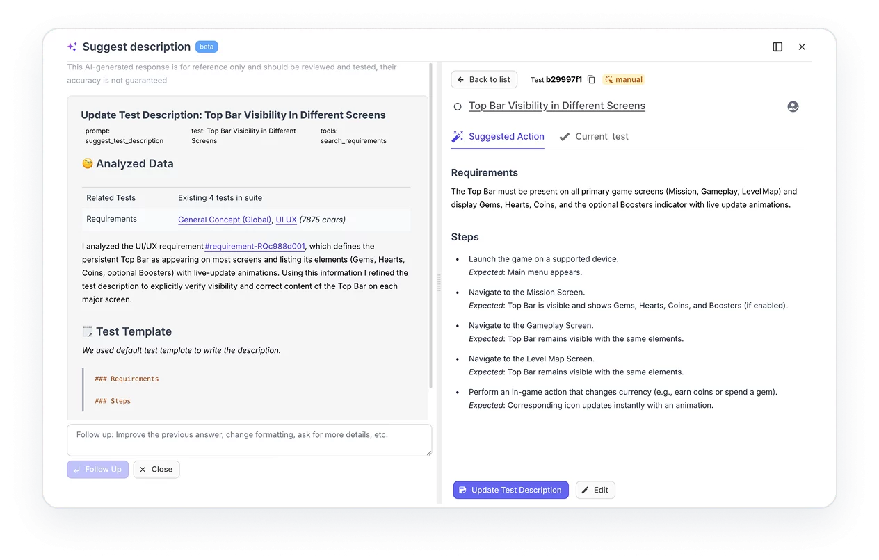 AI test improvements & test suggestions