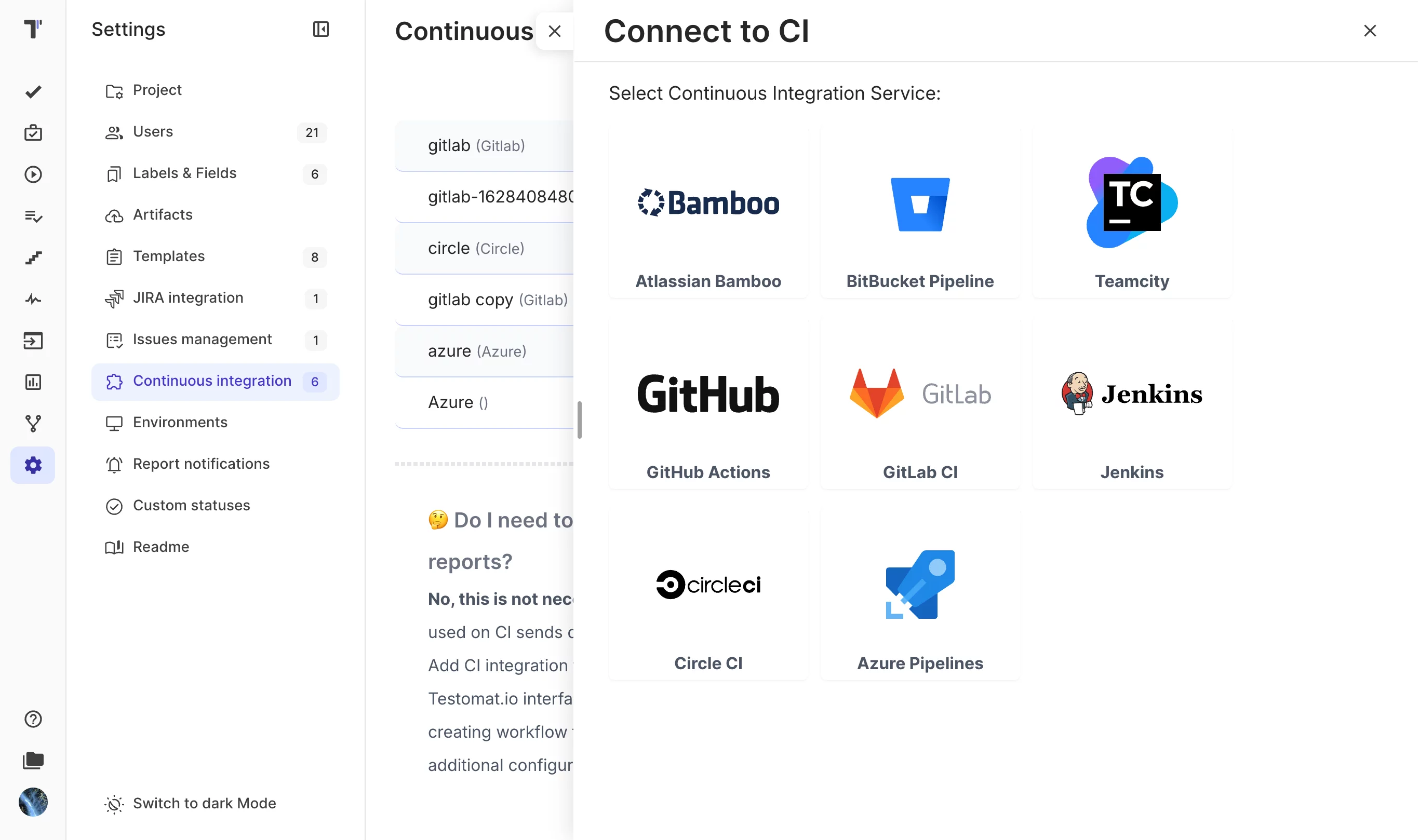 Configuring Testomat.io platform integration with external CI\CD services