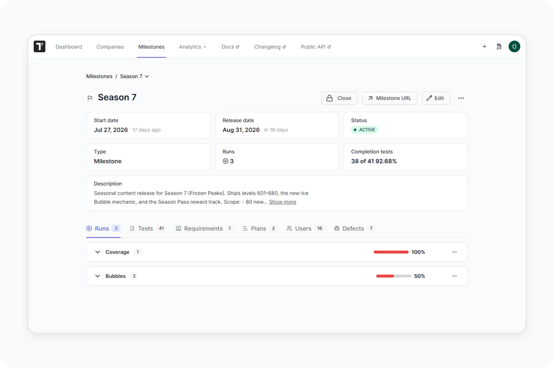 Milestones overview