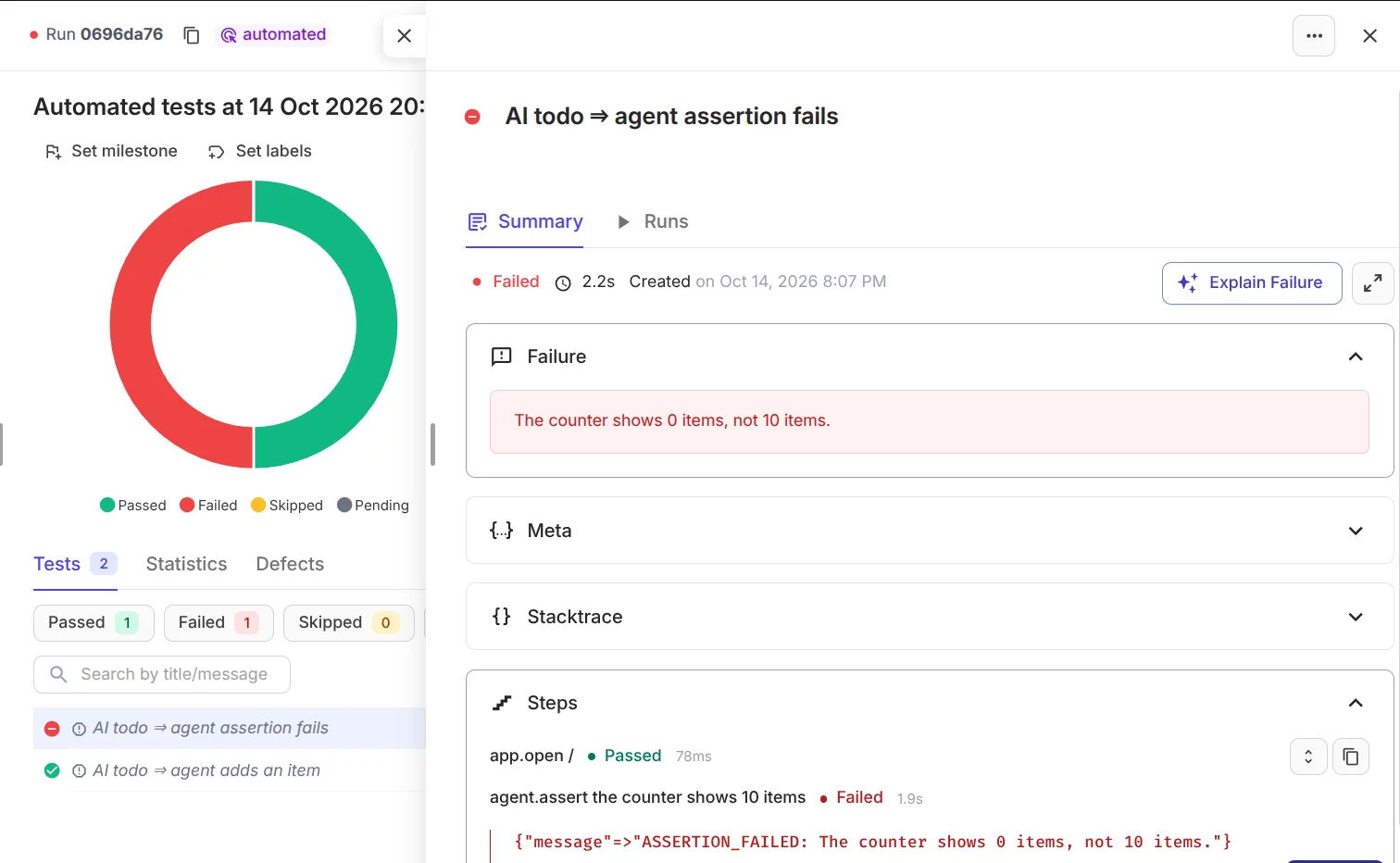 A failed agent.assert step with its message in a Testomat.io test report.