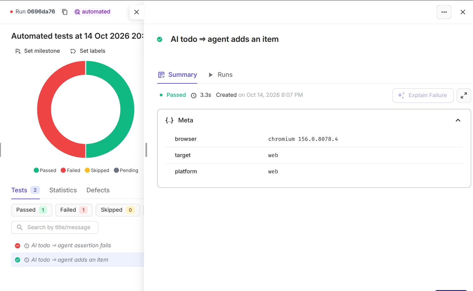 Target, Platform, and Browser Metadata for a Passed e2e Test in Testomat.io.