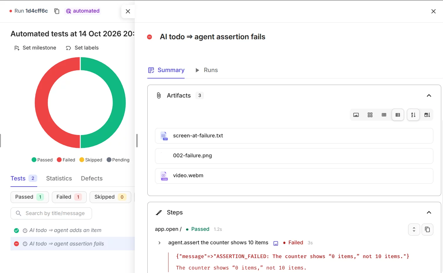 Testomat.io Links the Failure Screenshot to the Agent.assert Step That Produced It.