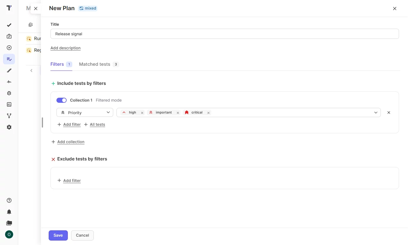 New Plan dialog in Testomat.io with a Priority filter