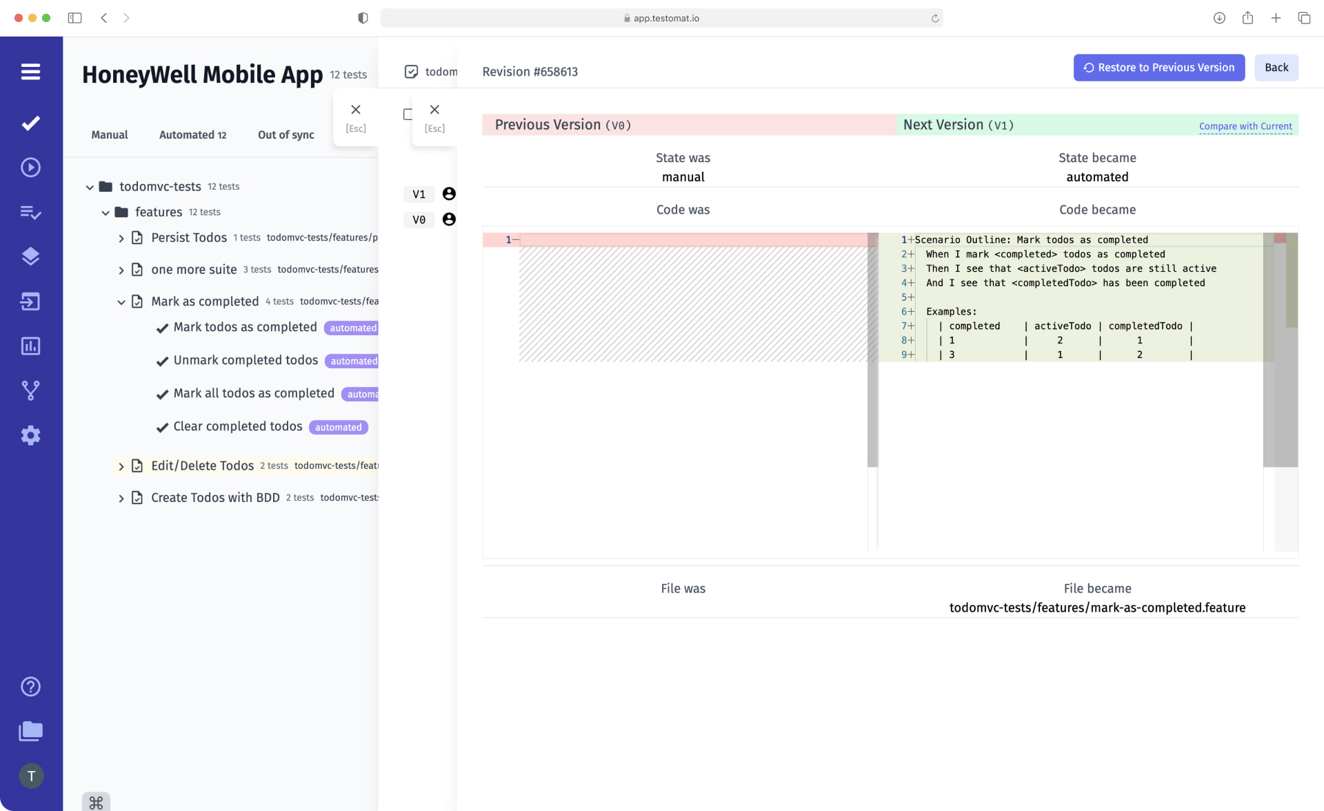 Test Management Automated tests history