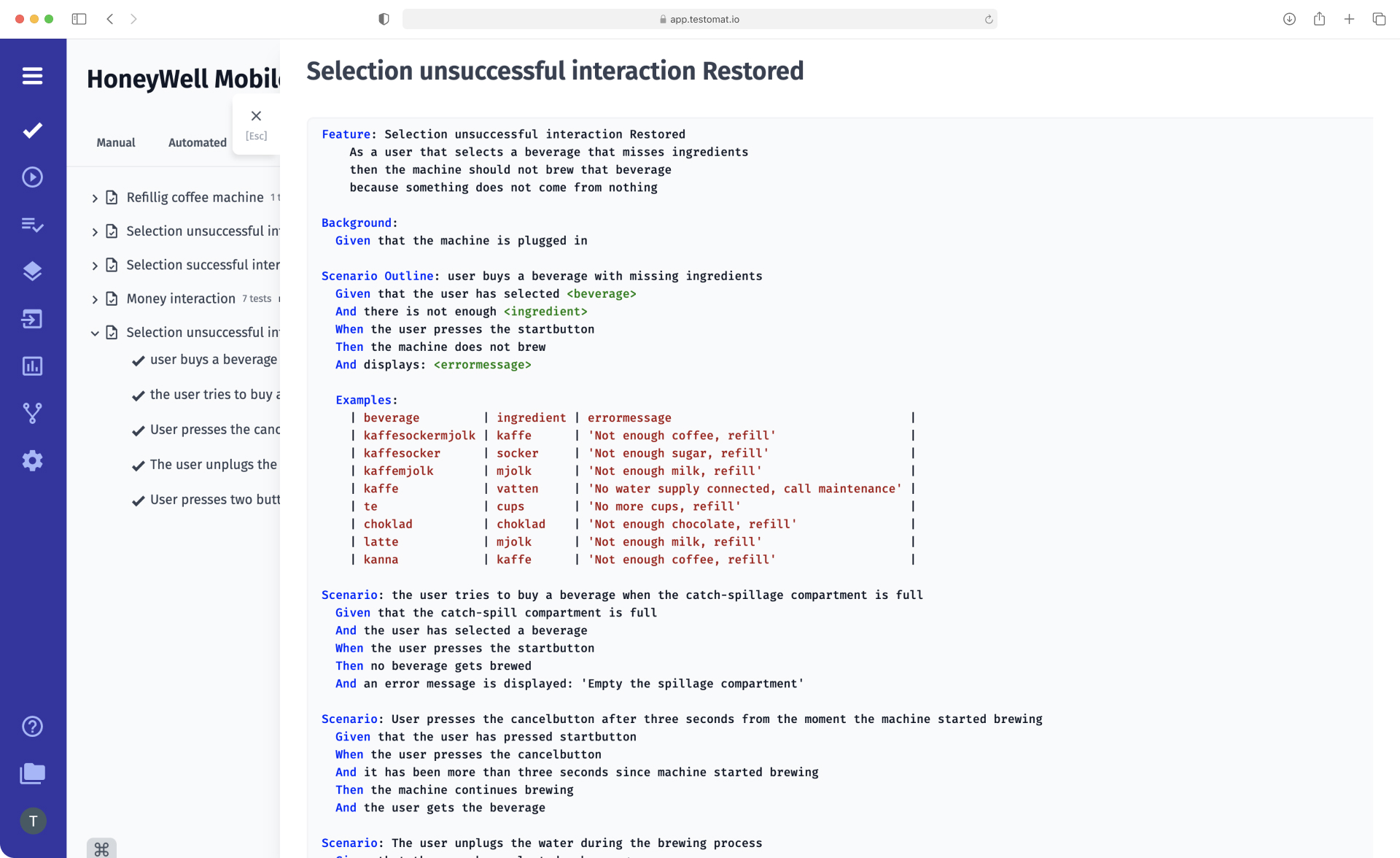 Gherkin language support by Test Management App