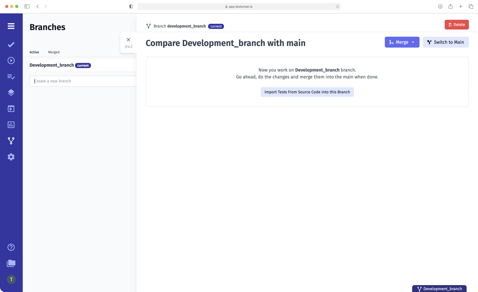 Test Management feature Import test cases into a branch