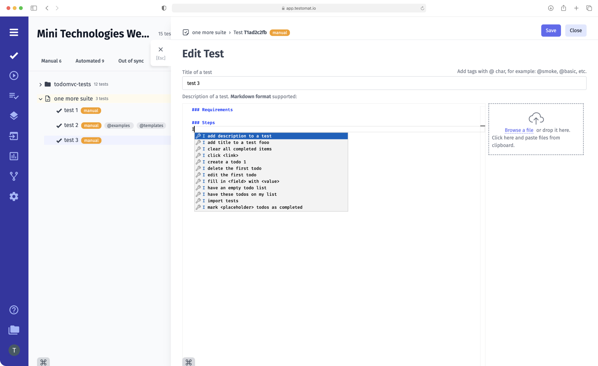 Test case reusable elements in test management system