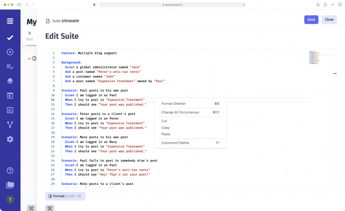 Example feature file with BDD scenarios in Living Documentation