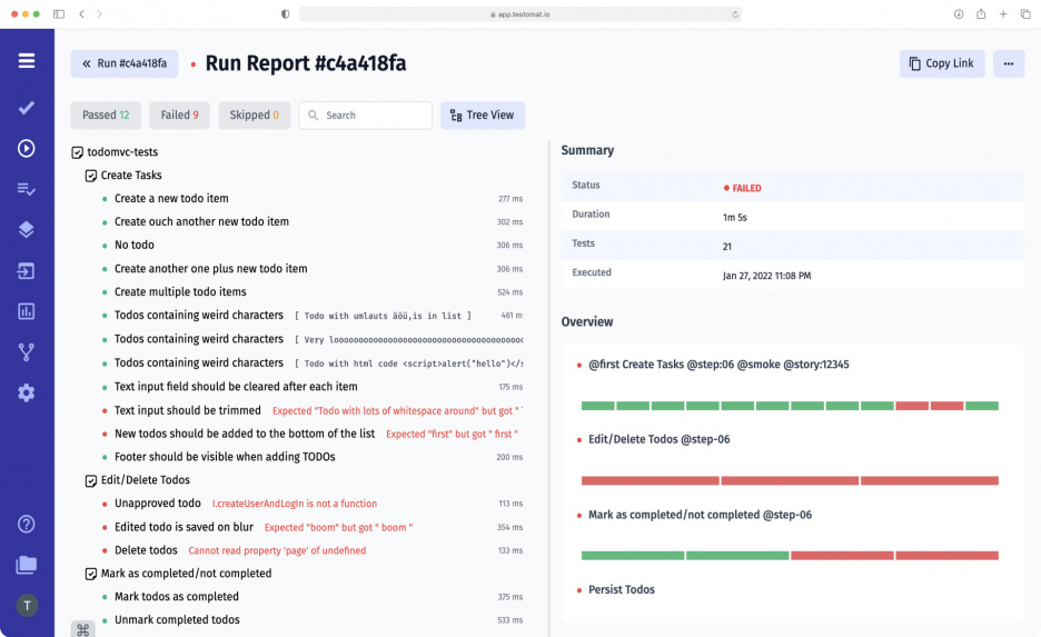 Run report executed test cases with heat maps in results