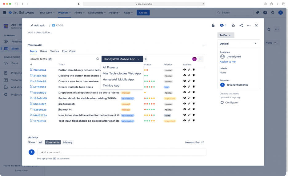 Link Multiple Testomat.io Projects To One Jira Project