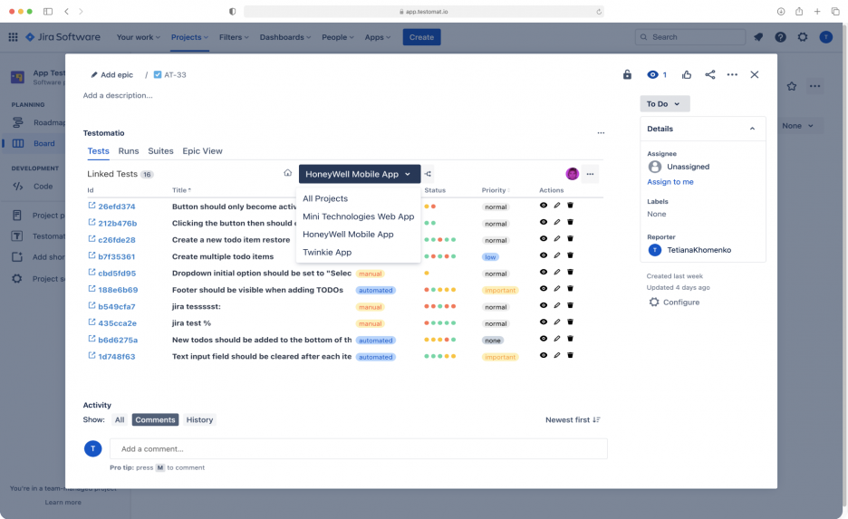 Link multiple test management projects to one Jira project - testomat.io