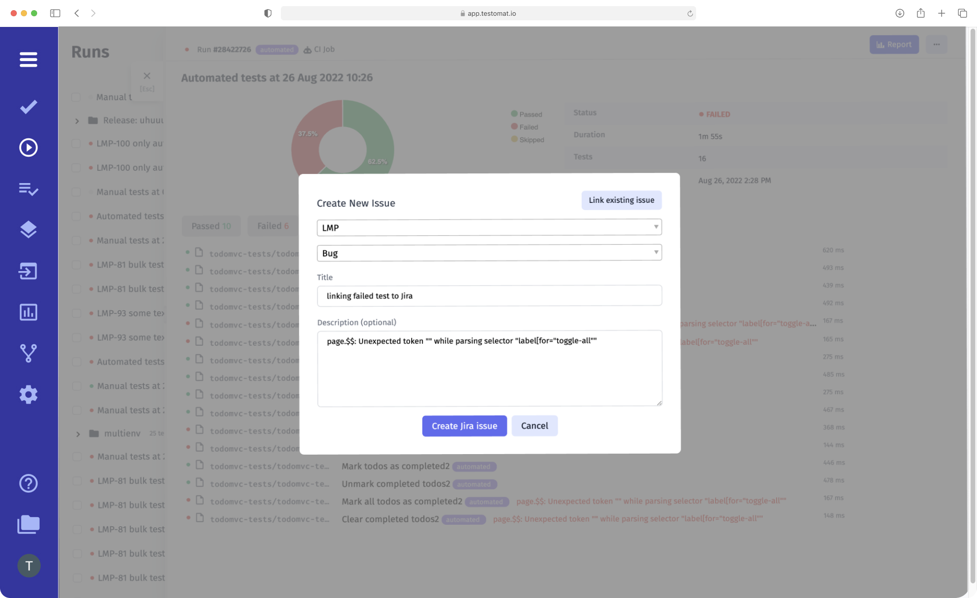 Instant defect сreation from UI - testomat.io