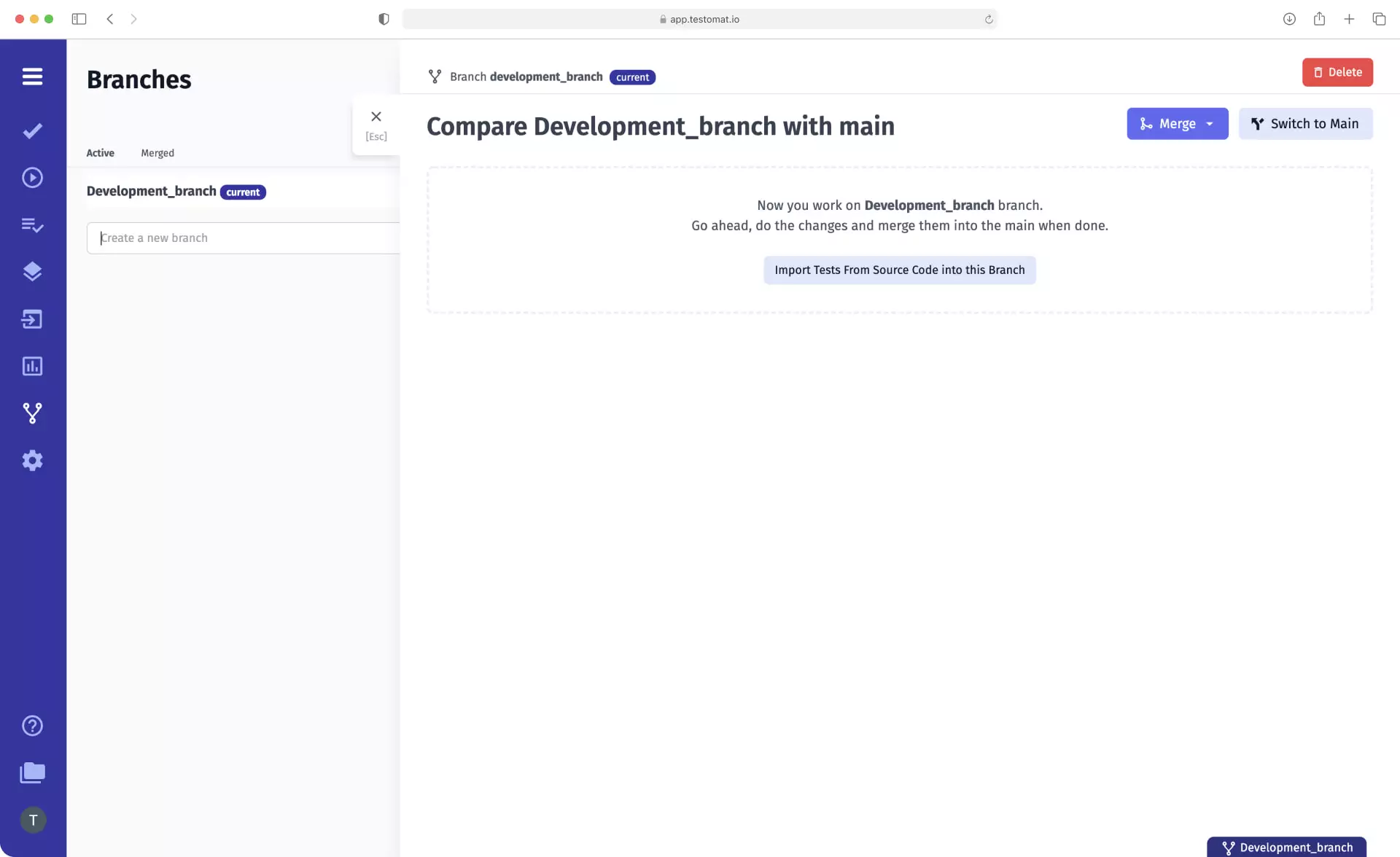 Test Management feature Import test cases into a branch