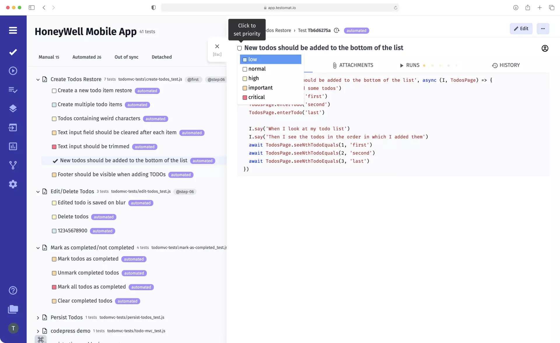 Test Management Sorting Tests by priority