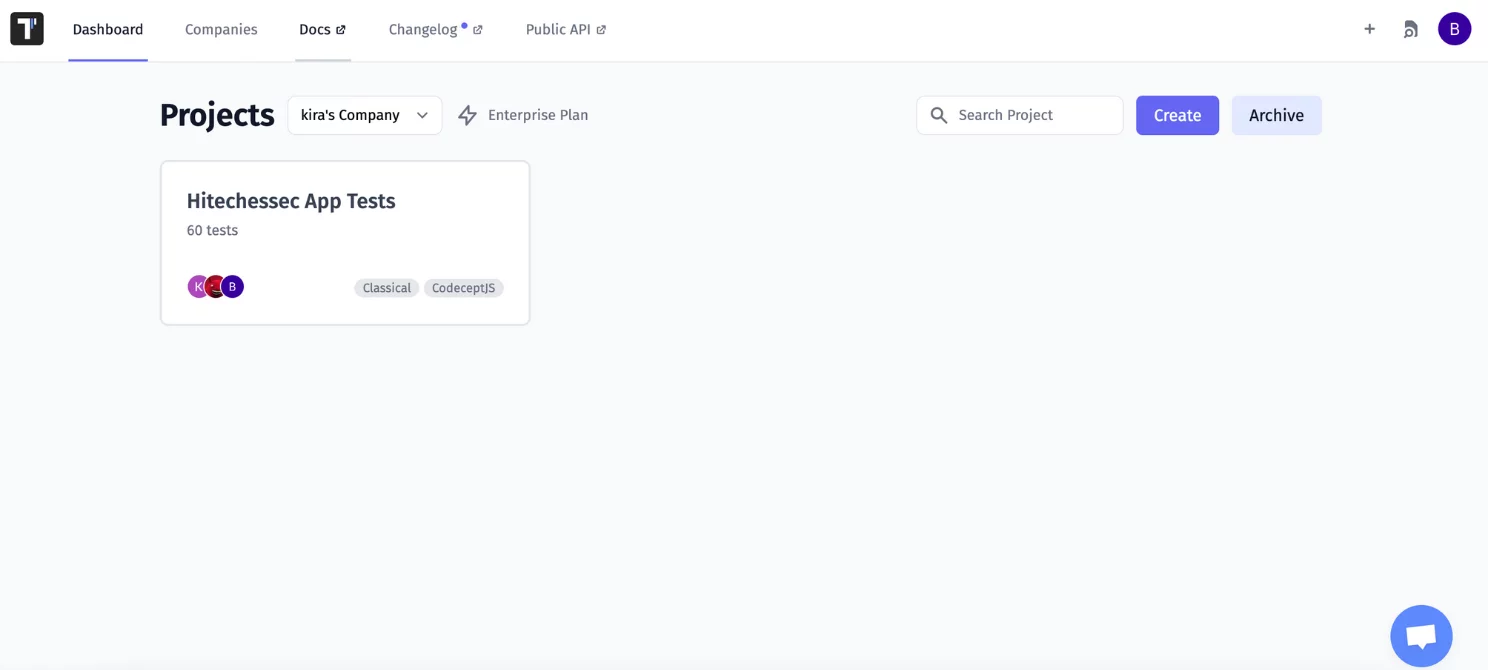 page with all the test suites of the project