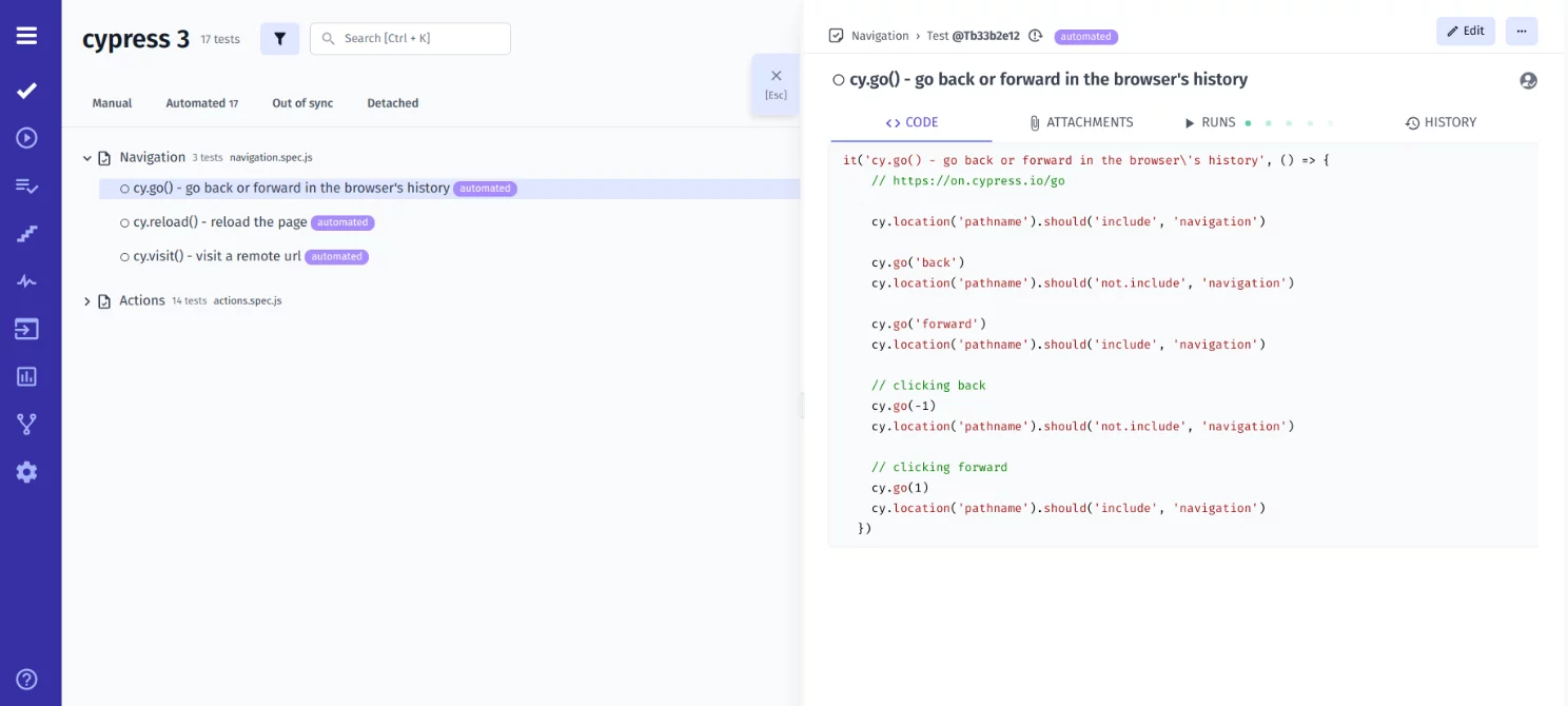 sorting tests by type Manual tests, Automated, Out of Sync or Detached