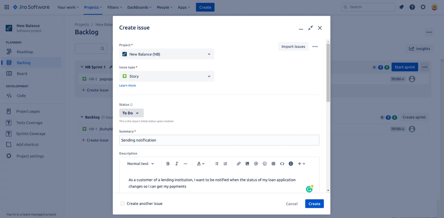 new user story